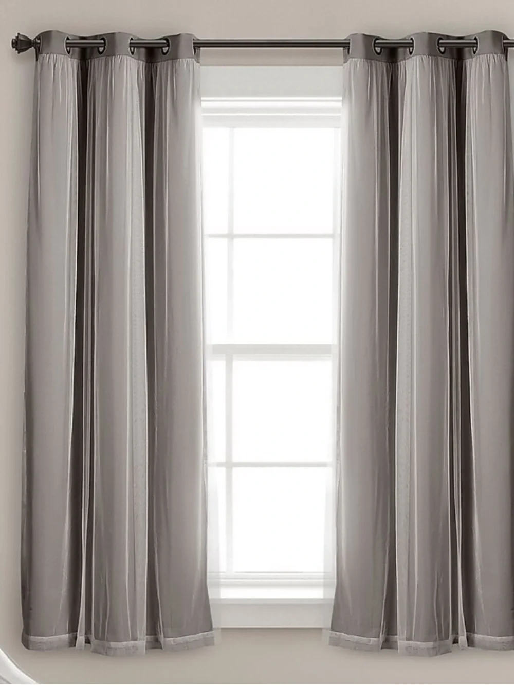 GUC BLACKOUT Gray Grommet-Top Curtain Panels with sheer overlay FOUR PANELS